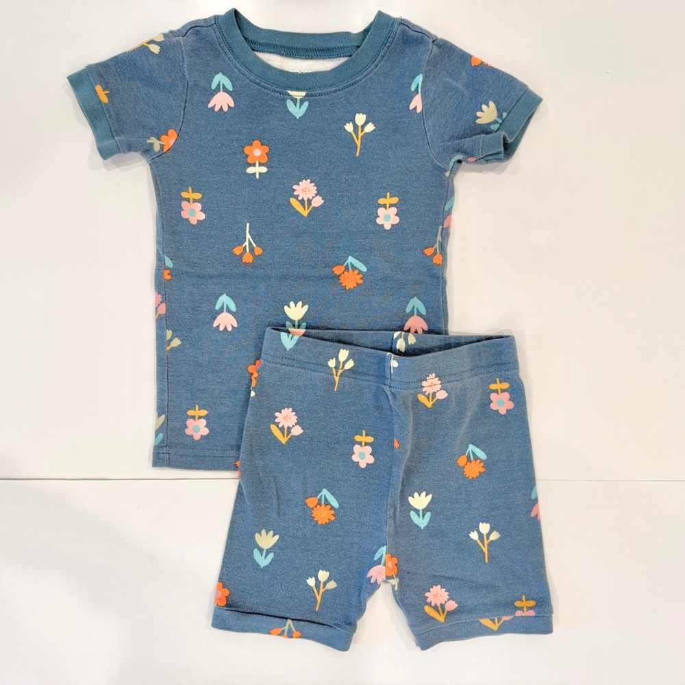 Old Navy Blue Teal Floral Toddler Girls Short Sleeve and Shorts Pajama Set - 3T